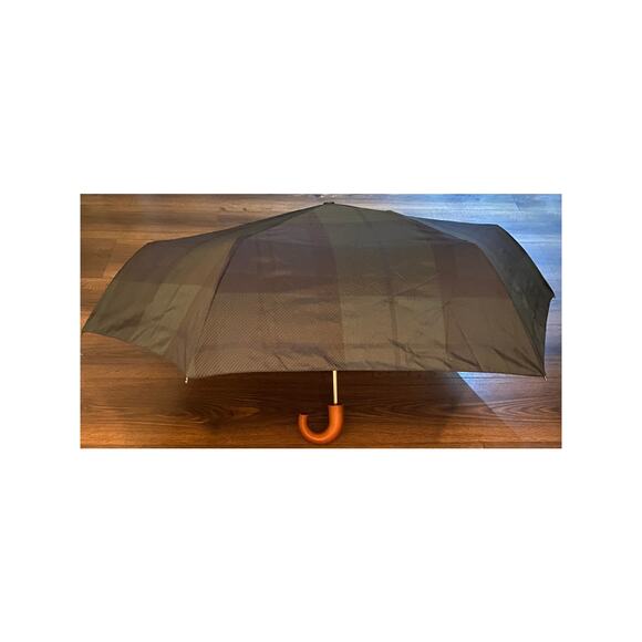 EUC Barbour Tartan Compact Umbrella | Green Blue Plaid w/ Wood curved Handle - Picture 7 of 10